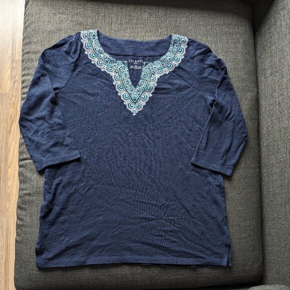 Talbots Navy Embroidered Split Neck Tee - 100% Cotton - Picture 2 of 10